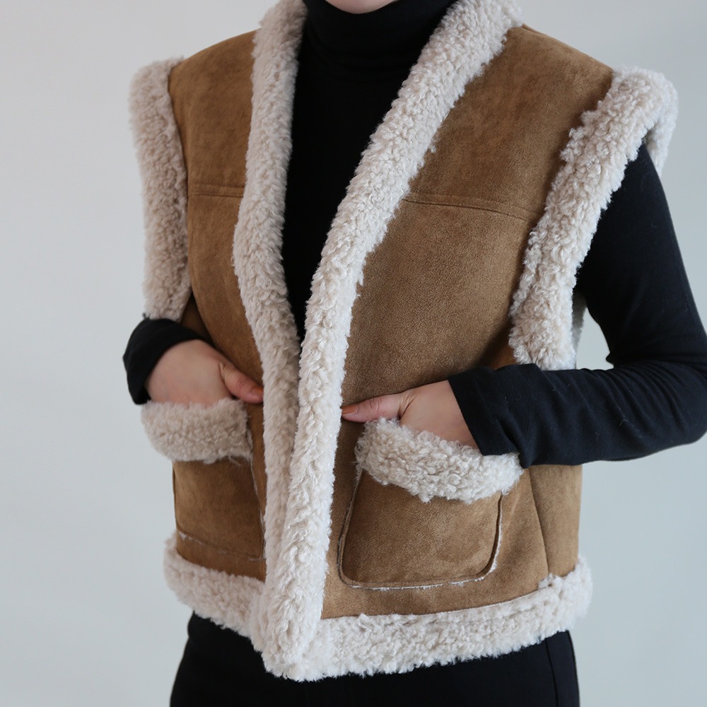 브이넥 노카라 스웨이드 포켓 양털 무스탕 조끼 뽀글이 베스트 양털 베스트 퍼베스트 따뜻한 사무실조끼
